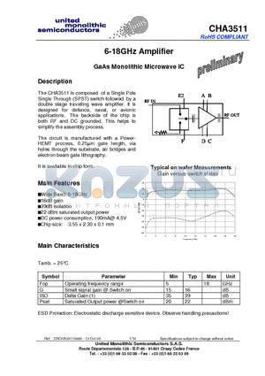 CHA3511 datasheet - 6-18GHz Amplifier