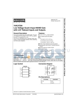 74ALVC00 datasheet - Low Voltage Quad 2-Input NAND Gate with 3.6V Tolerant Inputs and Outputs