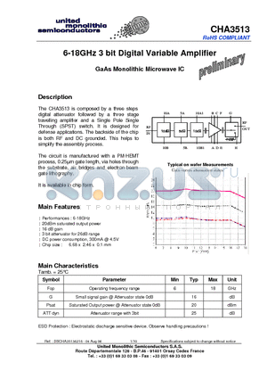 CHA3513 datasheet - 6-18GHz 3 bit Digital Variable Amplifier