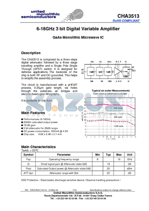 CHA3513-99F/00 datasheet - 6-18GHz 3 bit Digital Variable Amplifier