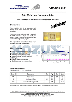 CHA3666-SNF datasheet - 5.8-16GHz Low Noise Amplifier