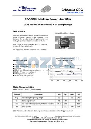 CHA3693-QDG datasheet - 20-30GHz Medium Power Amplifier