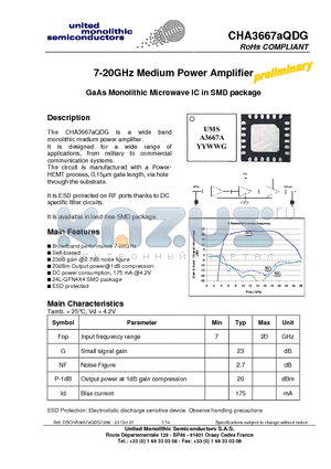 CHA3667AQDG datasheet - 7-20GHz Medium Power Amplifier