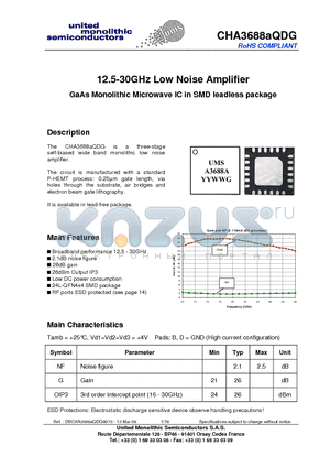 CHA3688AQDG datasheet - 12.5-30GHz Low Noise Amplifier
