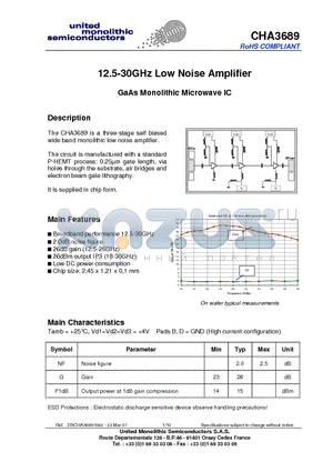 CHA3689 datasheet - 12.5-30GHz Low Noise Amplifier