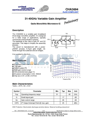 CHA3694 datasheet - 31-40GHz Variable Gain Amplifier