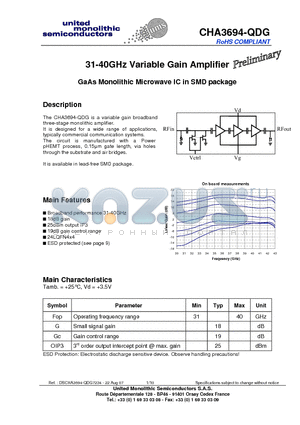 CHA3694-QDG datasheet - 31-40GHz Variable Gain Amplifier