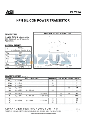 ASIBLY91A datasheet - NPN SILICON POWER TRANSISTOR