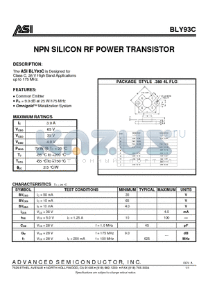 ASIBLY93C datasheet - NPN SILICON RF POWER TRANSISTOR