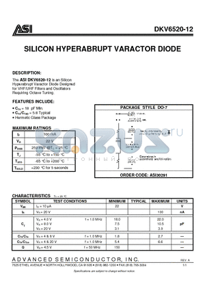ASIDKV6520-12 datasheet - SILICON HYPERABRUPT VARACTOR DIODE
