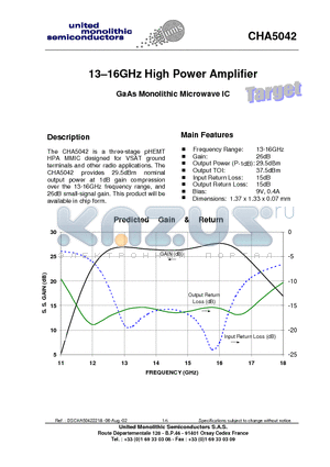 CHA5042-99F/00 datasheet - 13-16GHz High Power Amplifier
