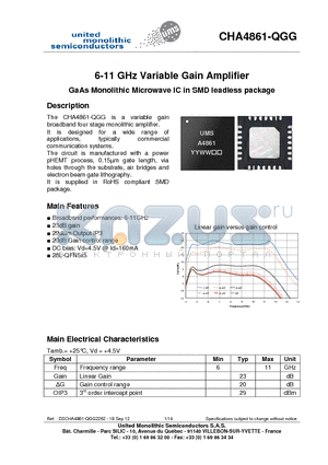 CHA4861-QGG datasheet - 6-11 GHz Variable Gain Amplifier