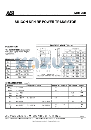 ASIMRF260 datasheet - SILICON NPN RF POWER TRANSISTOR