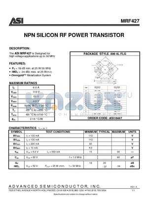 ASIMRF427 datasheet - NPN SILICON RF POWER TRANSISTOR