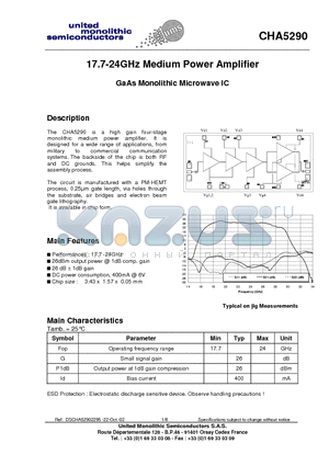 CHA5290-99F/00 datasheet - 17.7-24GHz Medium Power Amplifier