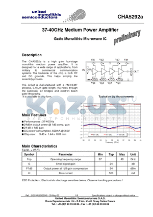 CHA5292A-99F/00 datasheet - 37-40GHz Medium Power Amplifier