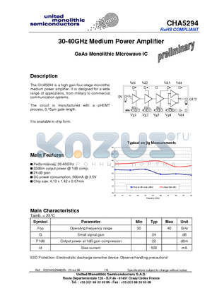 CHA5294-99F/00 datasheet - 30-40GHz Medium Power Amplifier