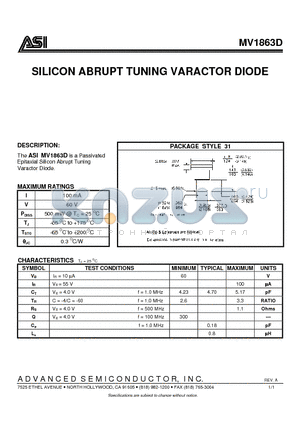 ASIMV1863D datasheet - SILICON ABRUPT TUNING VARACTOR DIODE