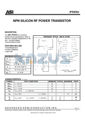 ASIPT9701 datasheet - NPN SILICON RF POWER TRANSISTOR