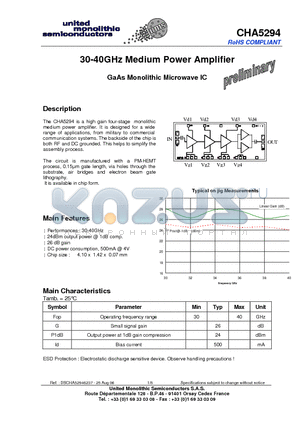 CHA5294 datasheet - 30-40GHz Medium Power Amplifier