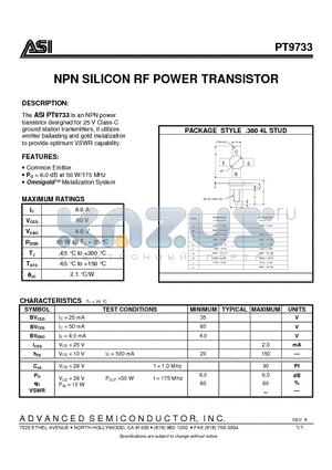 ASIPT9733 datasheet - NPN SILICON RF POWER TRANSISTOR