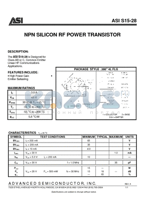 ASIS15-28 datasheet - NPN SILICON RF POWER TRANSISTOR