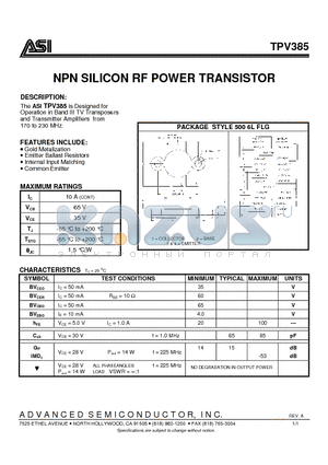 ASITPV385 datasheet - NPN SILICON RF POWER TRANSISTOR