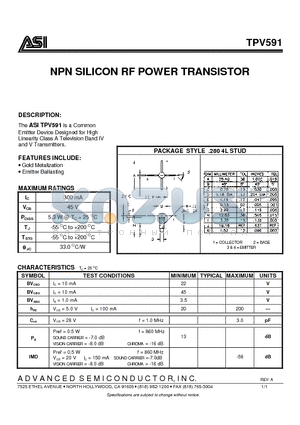 ASITPV591 datasheet - NPN SILICON RF POWER TRANSISTOR
