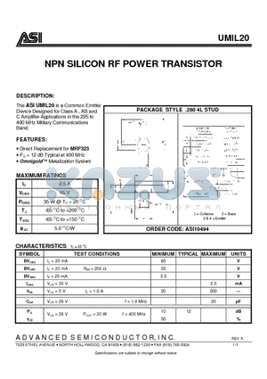ASIUMIL20 datasheet - NPN SILICON RF POWER TRANSISTOR