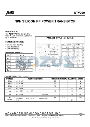 ASIUTV200 datasheet - NPN SILICON RF POWER TRANSISTOR