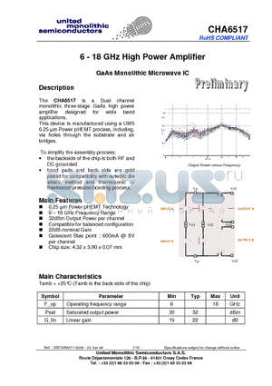 CHA6517-99F/00 datasheet - 6 - 18 GHz High Power Amplifier