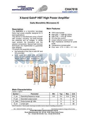 CHA7010 datasheet - X-band GaInP HBT High Power Amplifier