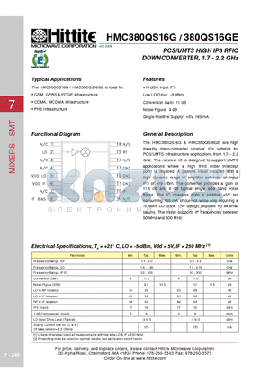 380QS16GE datasheet - PCS/UMTS HIGH IP3 RFIC DOWNCONVERTER, 1.7 - 2.2 GHz