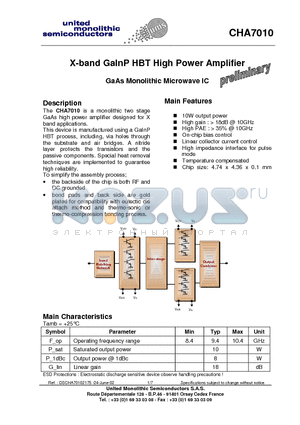 CHA7010-99F/00 datasheet - X-band GaInP HBT High Power Amplifier