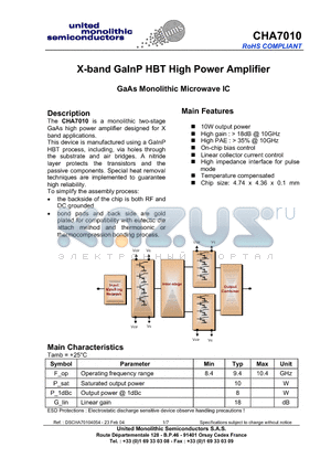 CHA7010-99F/00 datasheet - X-band GaInP HBT High Power Amplifier