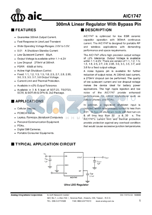 AIC1747-285PK3 datasheet - 300mA Linear Regulator With Bypass Pin