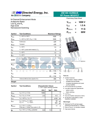 DE150-102N02A datasheet - N-Channel Enhancement Mode Avalanche Rated Low Qg and Rg High dv/dt Nanosecond Switching RF Power MOSFET
