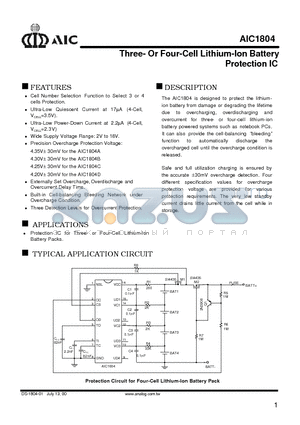 AIC1804 datasheet - Three- Or Four-Cell Lithium-Ion Battery Protection IC