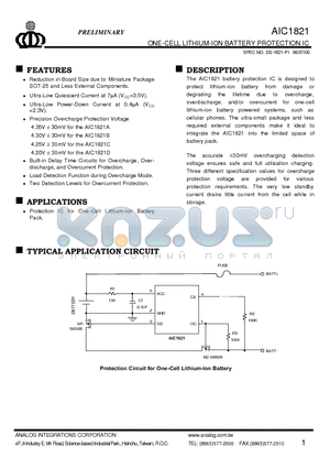 AIC1821 datasheet - ONE-CELL LITHIUM-ION BATTERY PROTECTION IC