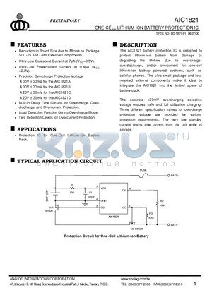 AIC1821BCV datasheet - ONE-CELL LITHIUM-ION BATTERY PROTECTION IC