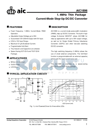 AIC1896GG datasheet - 1. 4MHz Thin Package Current-Mode Step-Up DC/DC Converter