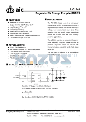 AIC1848CG datasheet - Regulated 5V Charge Pump In SOT-23