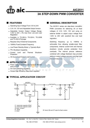 AIC2511 datasheet - 3A STEP-DOWN PWM CONVERTER