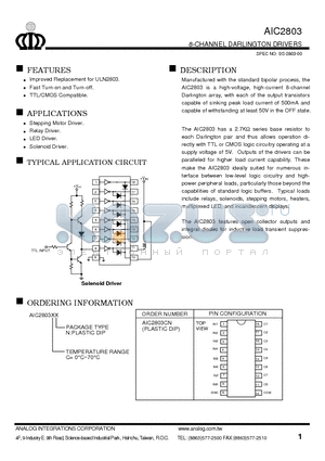 AIC2803CN datasheet - 8-CHANNEL DARLINGTON DRIVERS