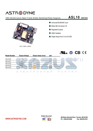 ASL-0100 datasheet - 10W Ultraminiature Open Frame Global Switching Power Supplies