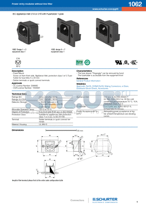 1062 datasheet - IEC Appliance Inlet C14 or C18 with Fuseholder 1-pole