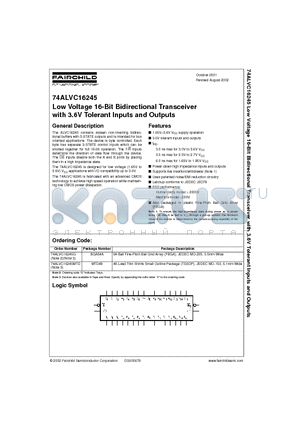 74ALVC16245G datasheet - Low Voltage 16-Bit Bidirectional Transceiver with 3.6V Tolerant Inputs and Outputs