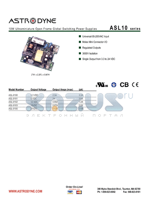 ASL-0102 datasheet - 10W Ultraminiature Open Frame Global Switching Power Supplies