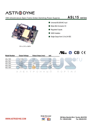 ASL-1500 datasheet - 15W Ultraminiature Open Frame Global Switching Power Supplies