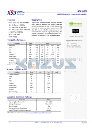 ASL09S datasheet - 5-4000 MHz High Linearity LNA MMIC